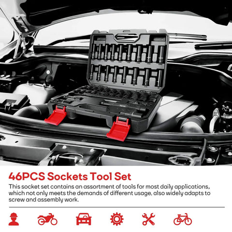 46 Piece Drive Socket And Ratchet Set With 72 Tooth Reversible Ratchet, Extension Bar Kit And Heavy Duty Storage Case