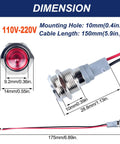 Diagram showing dimensions of Five Pack 12mm LED Indicator Light 110 To 220 VAC Metal Shell Waterproof IP67 in red with wire