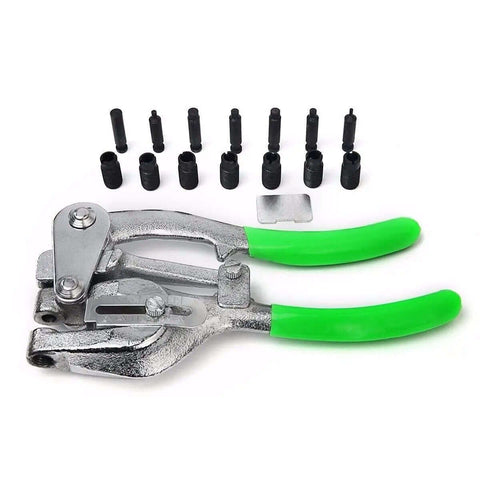 1 Ton Power Punch Kit For Sheet Metal Hole Punching With 7 Size Die Set In Case Heavy Duty Hand Tool shown with green handles