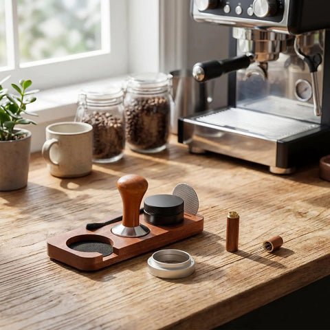 Pro Game Changer 7 Piece Espresso Essentials Featuring 53 Mm Tamper Wdt Tool Coffee Distributor and Sapele handle on a wooden countertop.