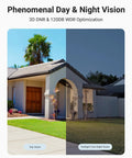Day and night vision comparison of house with 3D DNR and 120DB WDR using 3K PoE Outdoor Security Camera With Mic Audio 2.8mm Wide Lens 116 Degree Field Of View Crisp Color Night Vision All Weather IP67 Waterproof AI Motion Detection RTSP Support Bullet Surveillance Cam With 512GB SD Card Slot.