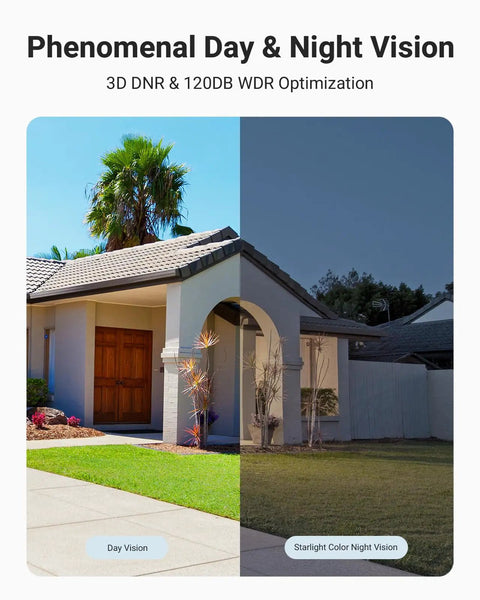 Day and night vision comparison of house with 3D DNR and 120DB WDR using 3K PoE Outdoor Security Camera With Mic Audio 2.8mm Wide Lens 116 Degree Field Of View Crisp Color Night Vision All Weather IP67 Waterproof AI Motion Detection RTSP Support Bullet Surveillance Cam With 512GB SD Card Slot.