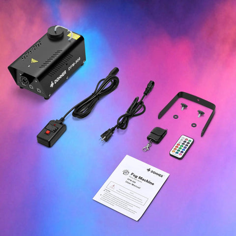 Fog Machine With RGB LED Light and 13 Color Modes, 500W 2000CFM Haze Machine setup with accessories, remote controls, and manual on colored backdrop