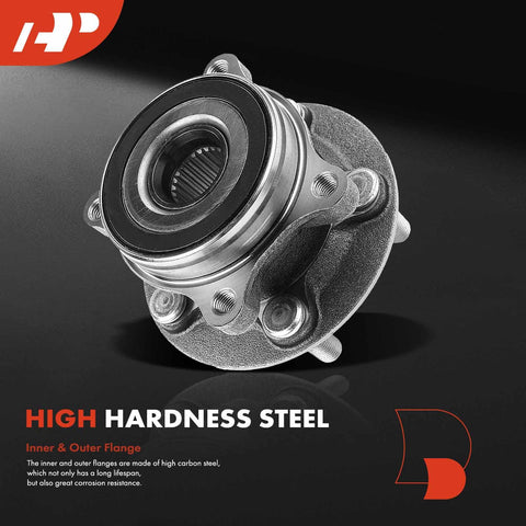 Two Front Wheel Bearing And Hub Assemblies For Toyota Prius 2010 2015 Prius Plug In 2013 2015 And Lexus CT200h 2011 2017 Four Bolt Mount Only Fits 4 Lug Models Ready To Roll, showing close-up of metal construction with high hardness steel.