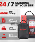 All-In-One OBD2 Scanner With Battery Tester Avometer Full OBDII Diagnosis in package with features listed and carry case visible