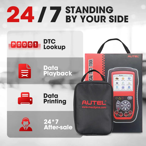 All-In-One OBD2 Scanner With Battery Tester Avometer Full OBDII Diagnosis in package with features listed and carry case visible