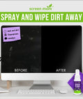Computer screen before and after using Streak Free Screen Cleaner Spray Kit With Microfiber Cloths, 2oz Bottle, Quick Wipe, No Residue