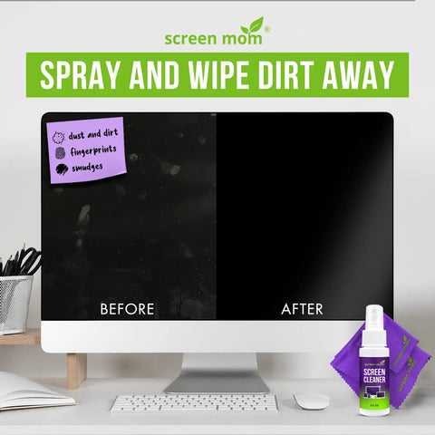 Computer screen before and after using Streak Free Screen Cleaner Spray Kit With Microfiber Cloths, 2oz Bottle, Quick Wipe, No Residue