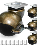 Close-up of 2 Inch Ball Caster With Brakes, TPR Plate Brass Vintage Look Furniture Swivel Casters Set Of 4 with screws