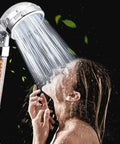 Woman using Three Mode High Pressure Shower Head With Filter Water Saving Handheld Sprayer For Dry Skin And Hair Rainfall Massage Jetting Settings Easy Clean Nozzle Built Tough Stainless Build