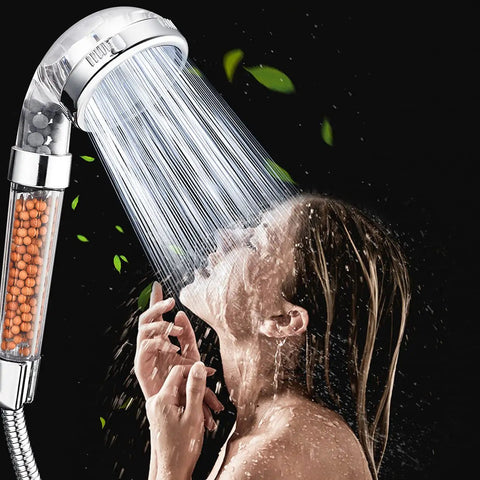 Woman using Three Mode High Pressure Shower Head With Filter Water Saving Handheld Sprayer For Dry Skin And Hair Rainfall Massage Jetting Settings Easy Clean Nozzle Built Tough Stainless Build