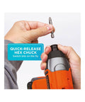 Hands using 20V Max Cordless Impact Driver Kit With One Quarter Inch Quick Release Chuck Delivers Up To One Thousand Three Hundred Seventy Five Inch Pounds Torque, Three Thousand RPM, And Three Thousand Nine Hundred IPM, Plus A Soft Touch Grip For Beast Mode.