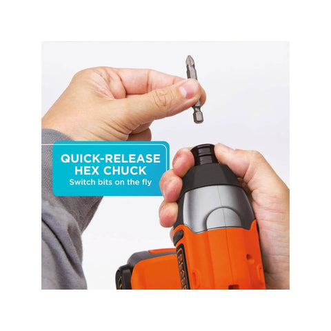 Hands using 20V Max Cordless Impact Driver Kit With One Quarter Inch Quick Release Chuck Delivers Up To One Thousand Three Hundred Seventy Five Inch Pounds Torque, Three Thousand RPM, And Three Thousand Nine Hundred IPM, Plus A Soft Touch Grip For Beast Mode.