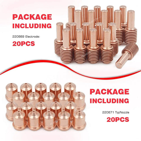 Copper 20 Piece Electrode And 20 Piece Tip Nozzle Set For 45 Plasma Cutter Hand And Machine Torch Plug And Play Ready