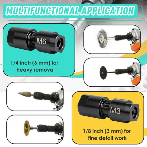 2 Pack Angle Grinder To Die Grinder Adapters With 5/8 Inch-11 Threads To 1/4 Inch And 1/8 Inch Collets displayed with tools