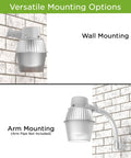 No Fuss 250W Equivalent Barn Light With 29W LED Bulb Energy Saving Outdoor Dusk To Dawn Flood Light With Photocell UL Listed Security Light For Barn Garage Yard Warehouse 4000K 3300LM 120V Gray 1 Pack shown with wall and arm mounting options on brick wall