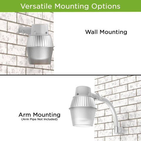 No Fuss 250W Equivalent Barn Light With 29W LED Bulb Energy Saving Outdoor Dusk To Dawn Flood Light With Photocell UL Listed Security Light For Barn Garage Yard Warehouse 4000K 3300LM 120V Gray 1 Pack shown with wall and arm mounting options on brick wall