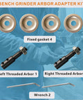 Pro Real Deal 8mm To 10mm Bench Grinder Shank Adapter Kit showing fixed gaskets, left and right threaded arbors, and wrenches.