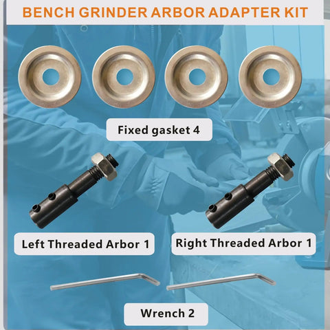 Pro Real Deal 8mm To 10mm Bench Grinder Shank Adapter Kit showing fixed gaskets, left and right threaded arbors, and wrenches.
