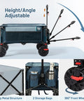 Beast Of A Heavy Duty Collapsible Wagon With Brakes For All Terrain Use, Handy Utility Cart, metal frame, blue, side bag, cup holders