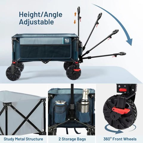 Beast Of A Heavy Duty Collapsible Wagon With Brakes For All Terrain Use, Handy Utility Cart, metal frame, blue, side bag, cup holders