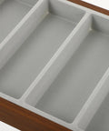 Close-up of silky gray velvet liner inside Top Shelf Walnut Wooden Sunglasses Tray With Silky Gray Velvet Liner, Roomy Seven Slot Eyewear Display Rack.