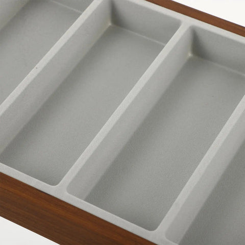 Close-up of silky gray velvet liner inside Top Shelf Walnut Wooden Sunglasses Tray With Silky Gray Velvet Liner, Roomy Seven Slot Eyewear Display Rack.