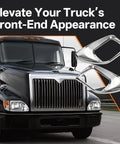 Chrome Headlight Bezels For International Trucks 9200 9200i SBA 5900 5900i SBA 9400 9400i SBA Pair next to black truck