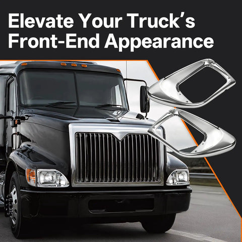 Chrome Headlight Bezels For International Trucks 9200 9200i SBA 5900 5900i SBA 9400 9400i SBA Pair next to black truck