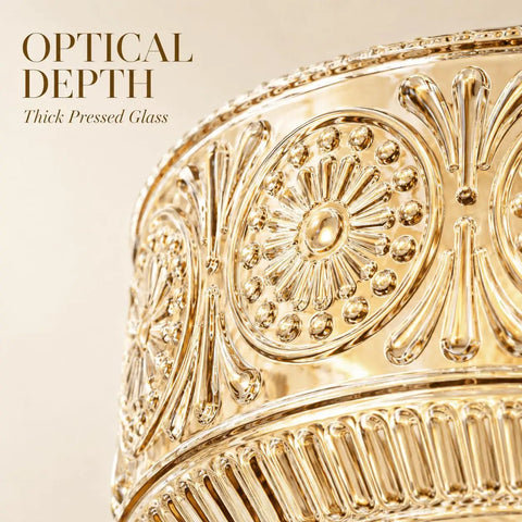 Close-up of DSMJFU Gold Kitchen Pendant Light for Kitchen Vintage Glass Pendant Light showing thick pressed glass detail.