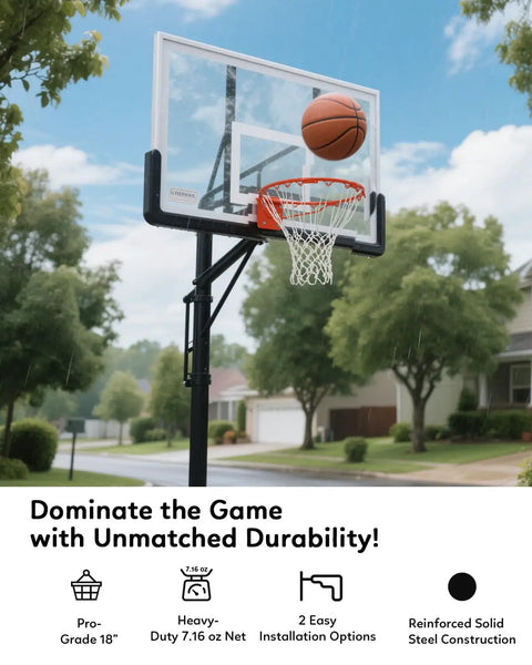 Heavy Duty Replacement Basketball Rim 18 Inch Solid Steel Pro Grade Hoop Rim For Wall Mount And Backboard Replacement With Double Spring Design And Heavy Duty Net Includes Complete Installation Kit Game Ready For Fast Setup installed on outdoor basketball hoop.