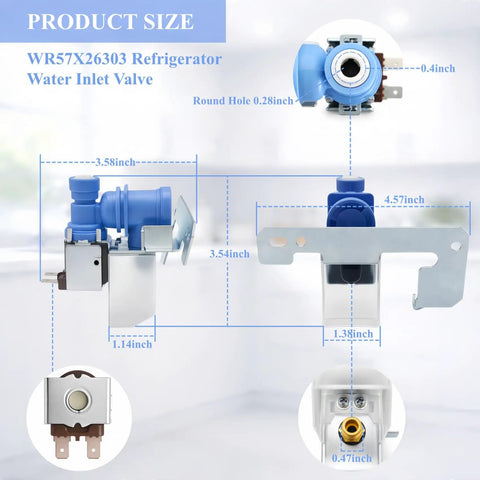 Refrigerator Water Inlet Valve Replacement For Popular Appliance Models Like CFE26KP2NBS1 GFE24JGKAFBB GYE18JMLAFES, product specifications shown.