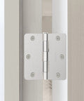 Top Shelf Interior Door Hinges In Brushed Nickel With Rounded Corners Solid Iron Residential Hardware Three Inch Half Size close-up view.