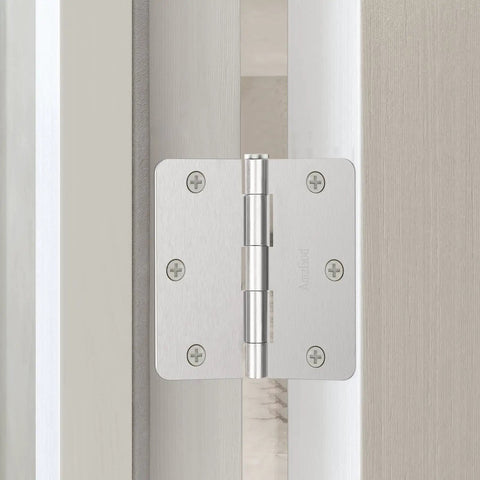 Top Shelf Interior Door Hinges In Brushed Nickel With Rounded Corners Solid Iron Residential Hardware Three Inch Half Size close-up view.