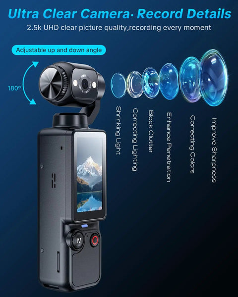 Pocket POV Camera With 180 Degree Rotating Lens, One-Tap Recording, dark gray, showing lens details and display screen, 32GB memory.
