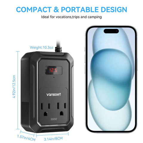 Roadtrip Ready Car Power Inverter Converts Dc 12V To Ac 110V With 200 Watt Output close-up view on compact design and LCD screen