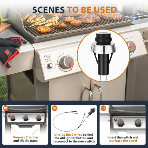GS4 Igniter Button Replacement for Genesis II and Spirit II grills with installation steps and grill in background
