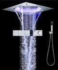 Upgrade Your Bathroom Game With This Fire Smart Shower System Featuring Thermostatic Control Built In Bluetooth Speaker And Plush Ceiling Rainfall Head In Sleek Matte Black For Total Luxury Vibes. Shower system with LED display and rainfall head.