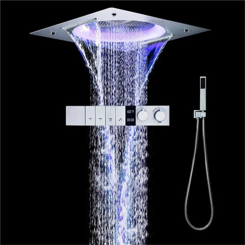 Upgrade Your Bathroom Game With This Fire Smart Shower System Featuring Thermostatic Control Built In Bluetooth Speaker And Plush Ceiling Rainfall Head In Sleek Matte Black For Total Luxury Vibes. Shower system with LED display and rainfall head.