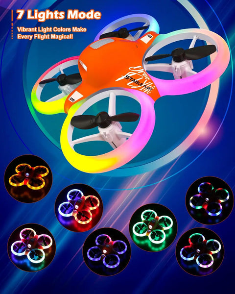 Colorful RGB Lights Mini Indoor RC Drone Quadcopter for Kids with 360 Flip Altitude Hold and vibrant LED display in action.