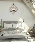 4-Light Weathered Wood Farmhouse Pendant Chandelier With Geometric Cage in rustic bedroom, cozy vibe, above bed