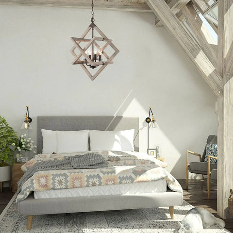 4-Light Weathered Wood Farmhouse Pendant Chandelier With Geometric Cage in rustic bedroom, cozy vibe, above bed