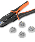 Five In One Ratchet Wire Crimping Tool Kit with Quick Change Jaws, orange handles, four interchangeable jaws, on white background.