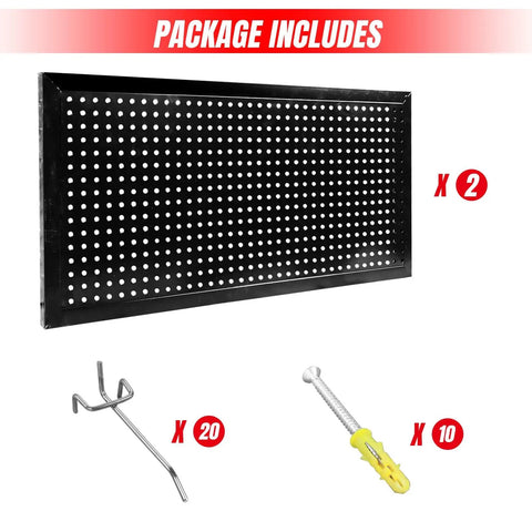 22 Piece Metal Wall Pegboard Tool Organizer System For Garage And Workshop Storage Modular Pegboard Panels in black.