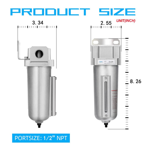 Dimensions of Beefed Up Industrial Grade Heavy Duty Particulate Filter With Metal Bowl Auto Drain For Paint Spray Systems One Half Inch NPT