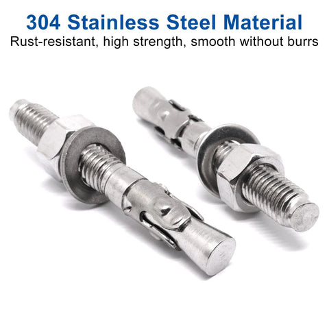 Close-up of 304 stainless steel wedge concrete anchors for cement, showcasing torque controlled expansion and heavy duty bolts for masonry installations.