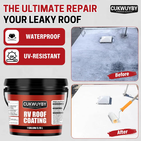 RV Roof Sealant 1 Gallon Quick Drying Solar Reflective Coating For Camper And Travel Trailers Leak Repair Flexible Waterproof Membrane Paint In White with before and after application images