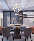 Modern Eight Led Ceiling Pendant Light With Warm Glow Handcrafted Solid Wood Shade Energy Saving Fixture illuminating a dining area.