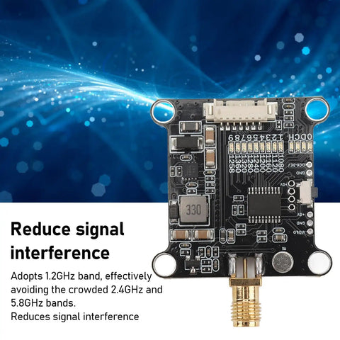 1.2G VTX Video Transmitter Module With 1.6W Output For Rock Solid FPV Drone Racing Low Latency Compact And Lightweight 1.2GHz Band Easy Install And Reliable Signal, showing circuit board details and connector.