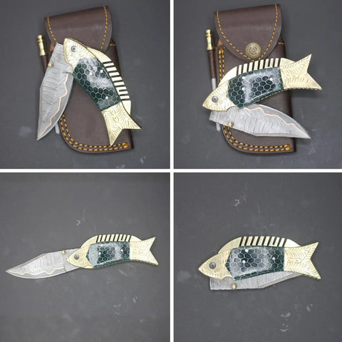 Collage of Damascus Fish Style Folding Knife with Ladder Pattern Blade, brass engraved green resin handle, and leather sheath.